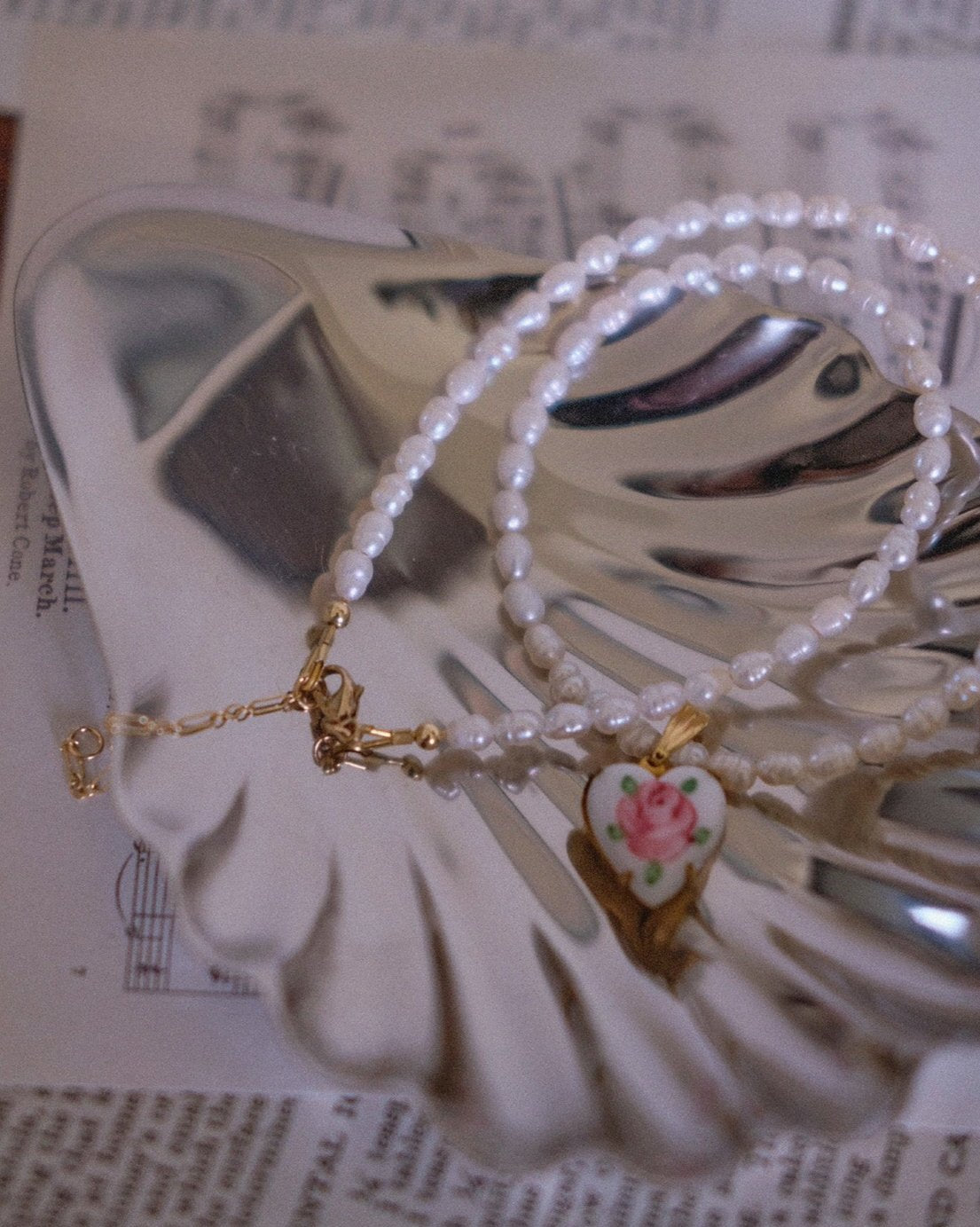 Vintage Heart Charm Necklace with freshwater pearls