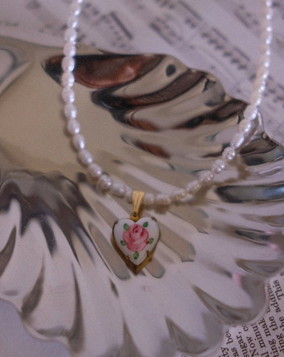 Vintage Heart Charm Necklace with freshwater pearls