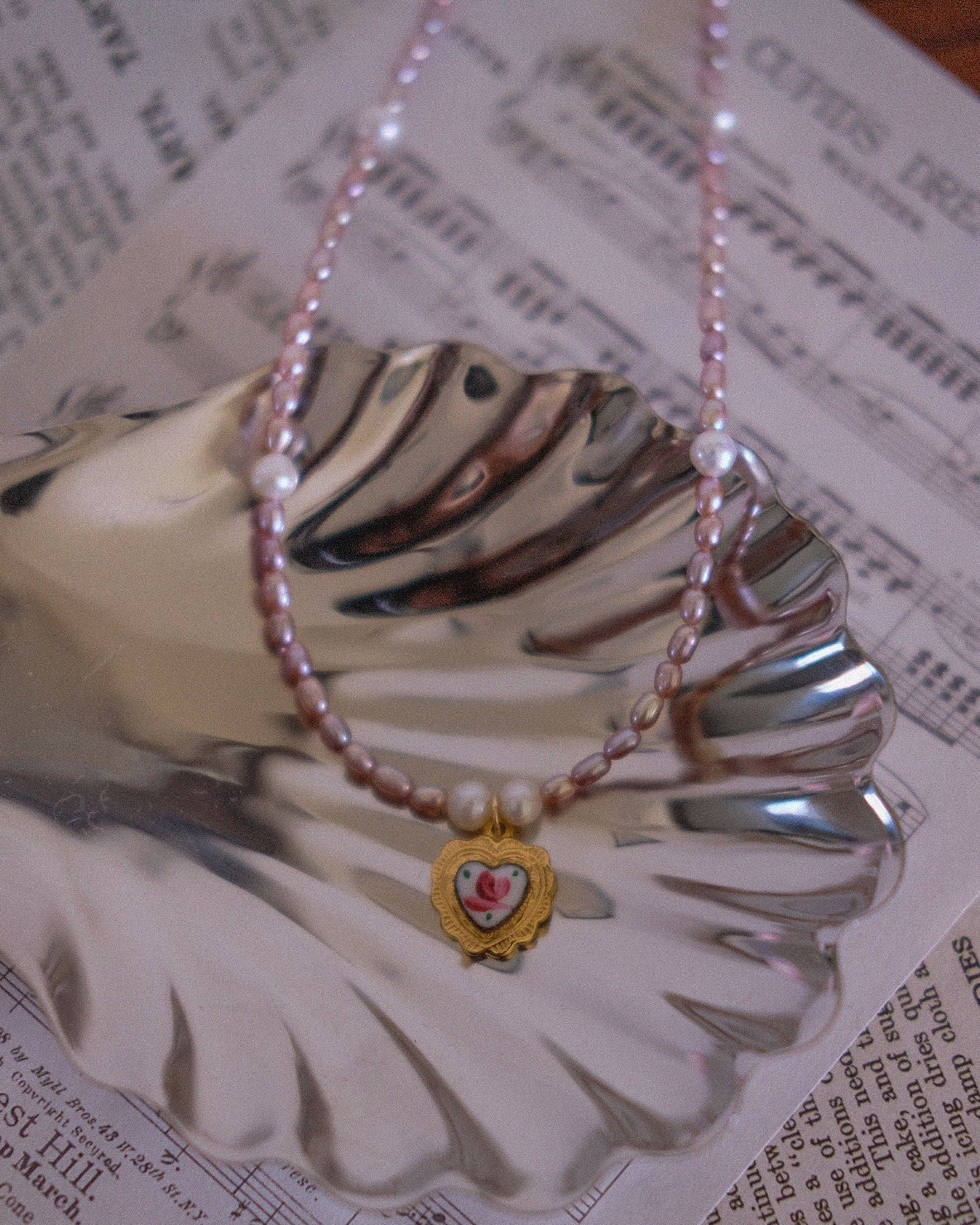 Vintage Heart Charm Necklace with purple freshwater pearls