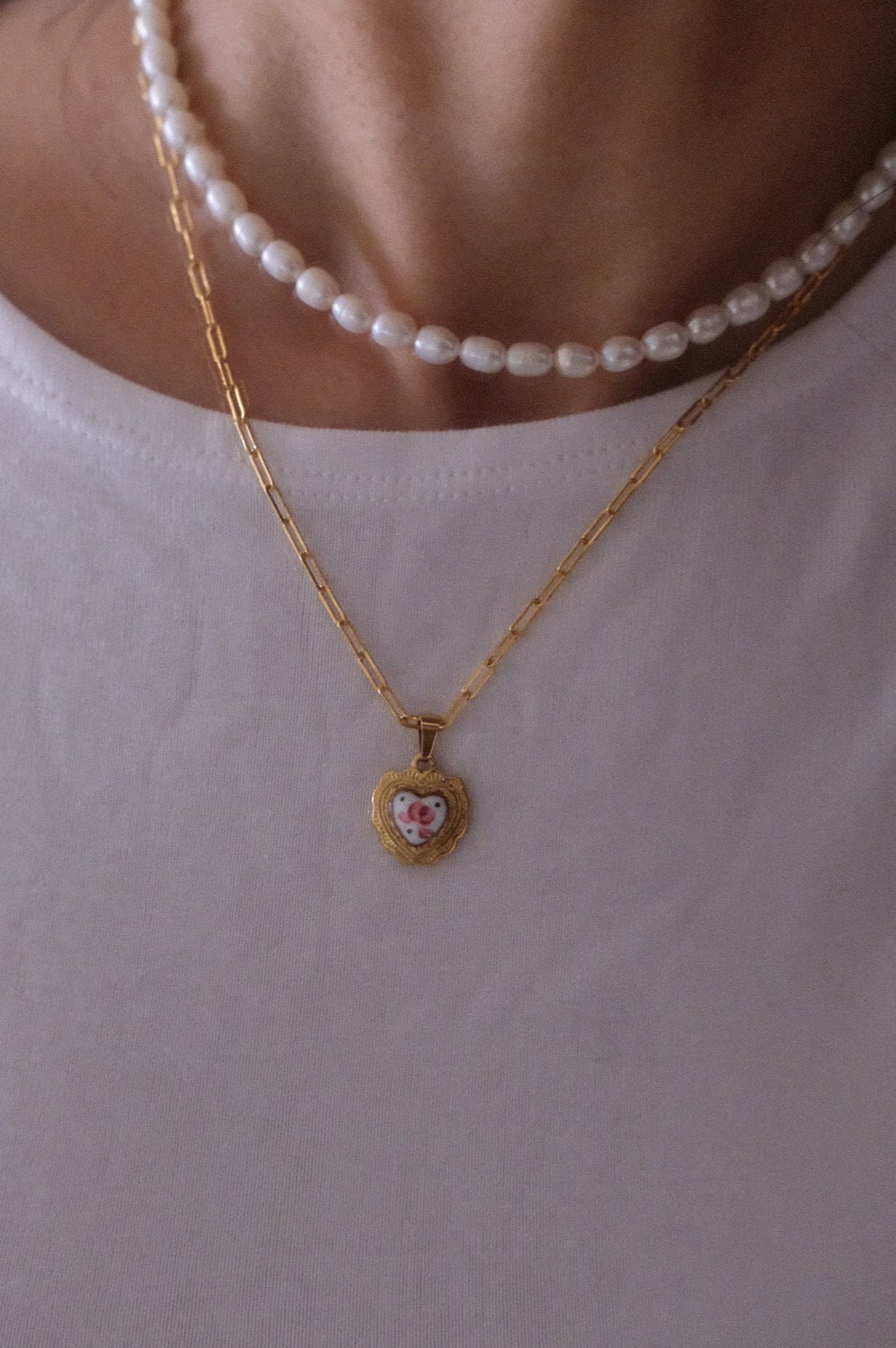 Vintage Heart Framed Charm Necklace with 14k gold filled paperclip chain