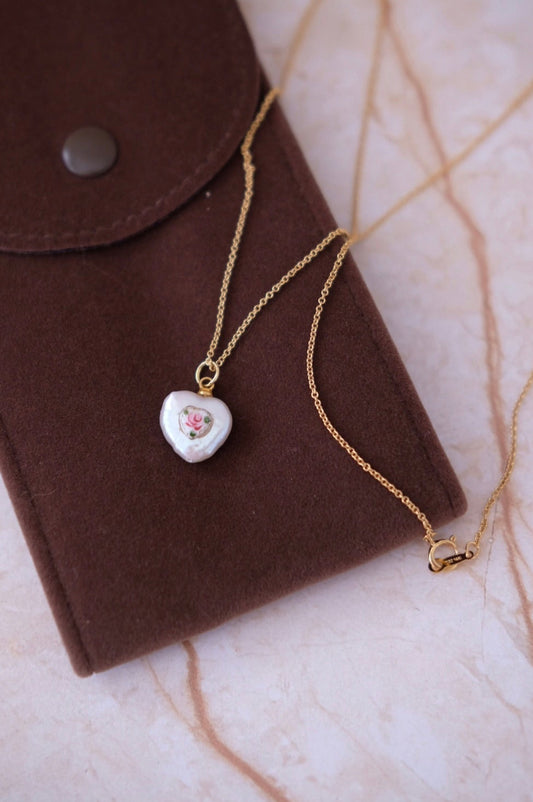 Vintage Freshwater Heart Pearl Charm Necklace with 14k gold filled chain