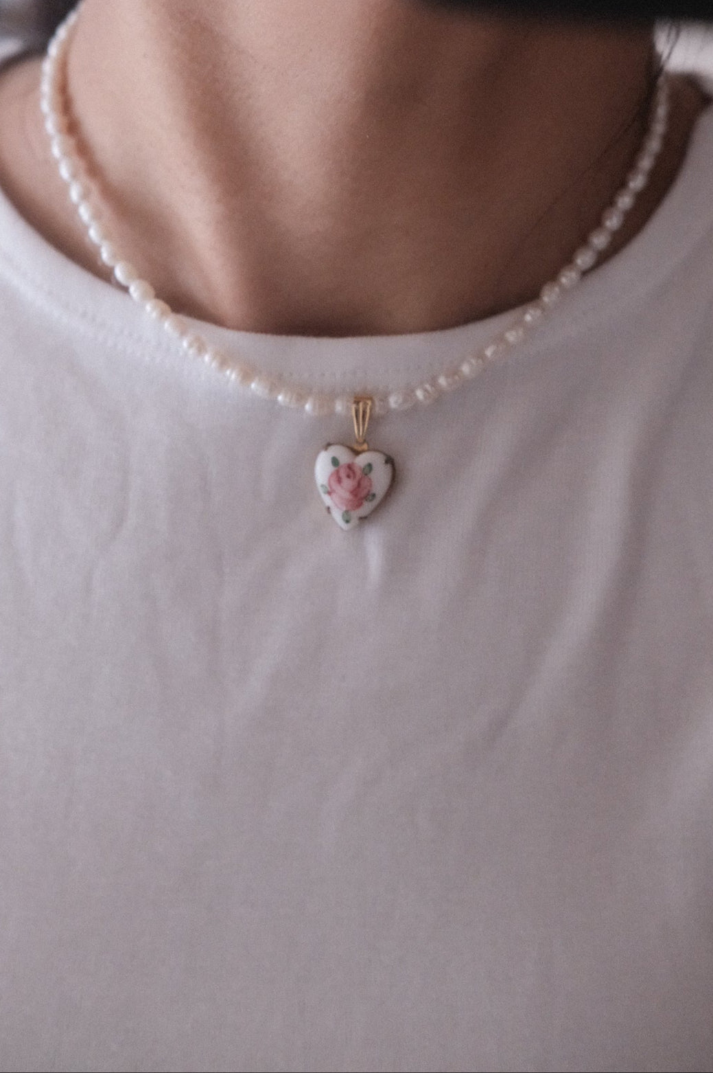 Vintage Heart Charm Necklace with freshwater pearls