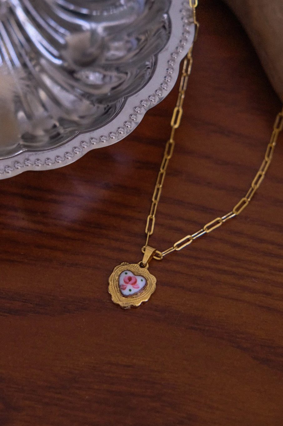Vintage Heart Framed Charm Necklace with 14k gold filled paperclip chain