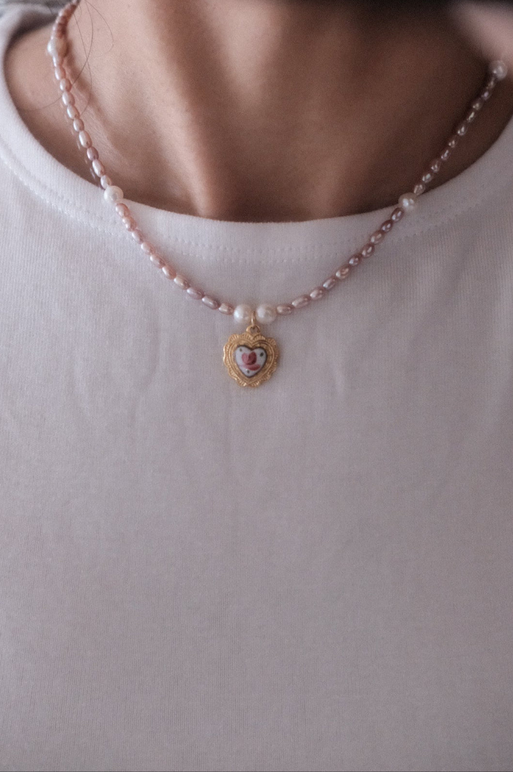 Vintage Heart Charm Necklace with purple freshwater pearls