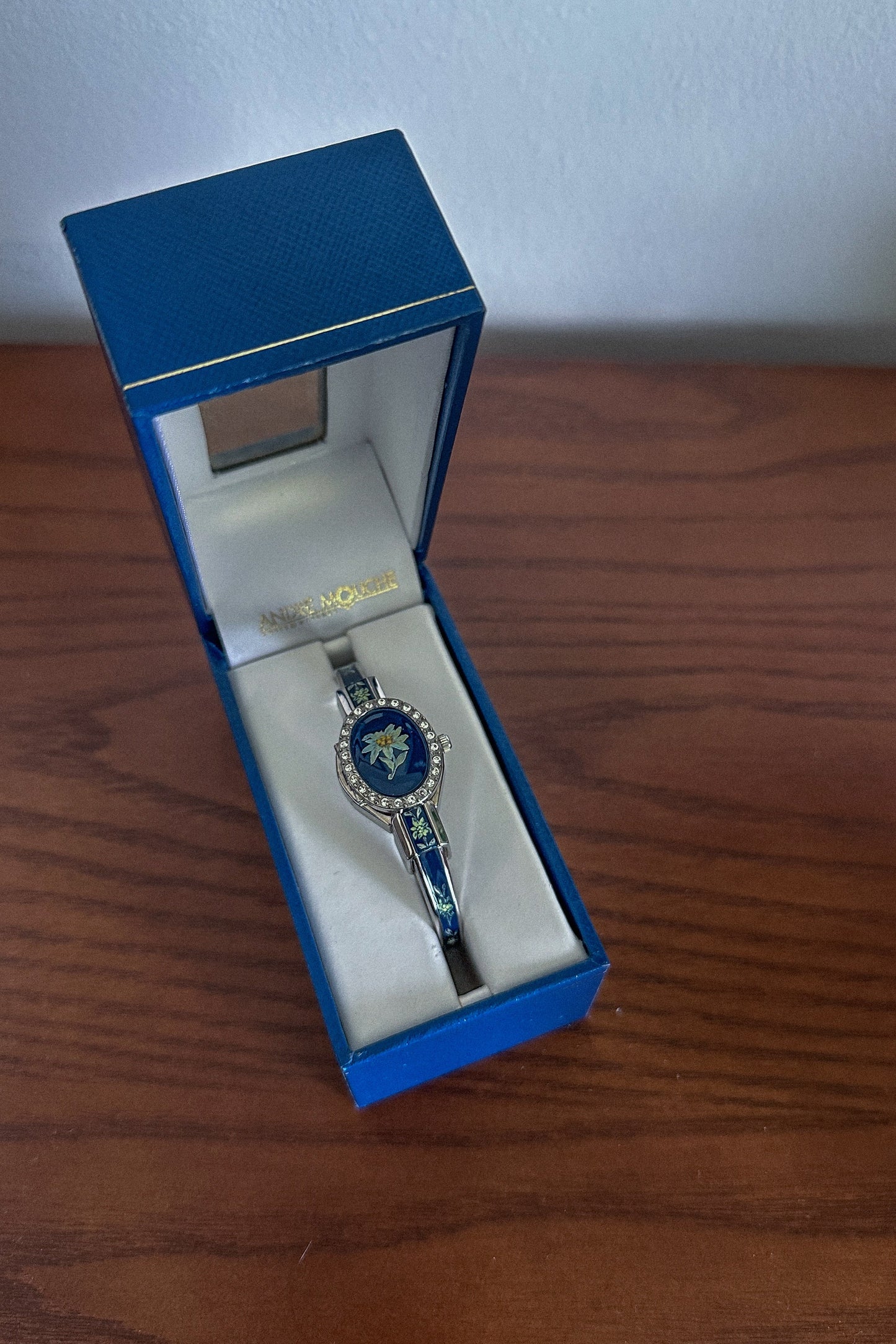 Vintage Peek-a-boo Bangle Watch - Navy Flower (Silver) in Original Box